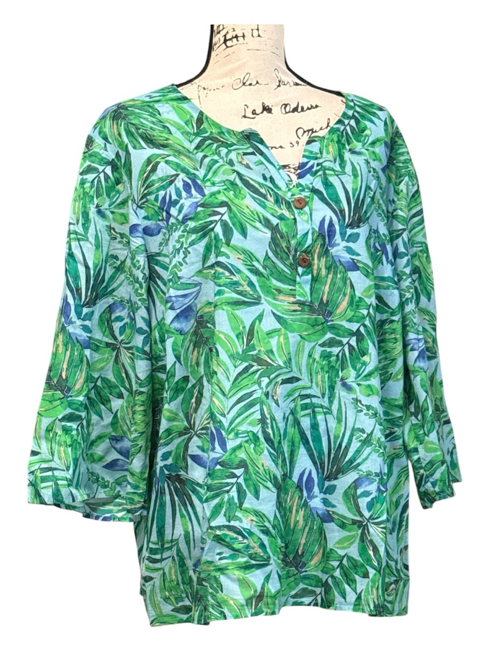 J Jill Teal Green Blue Tropical Print Button V-Neck Breezy Cotton Tunic Top 2X